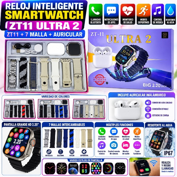 &ua RELOJ INTELIGENTE SMARTWATCH ZT11 ZT11 + 7 MALLA + AURICULAR